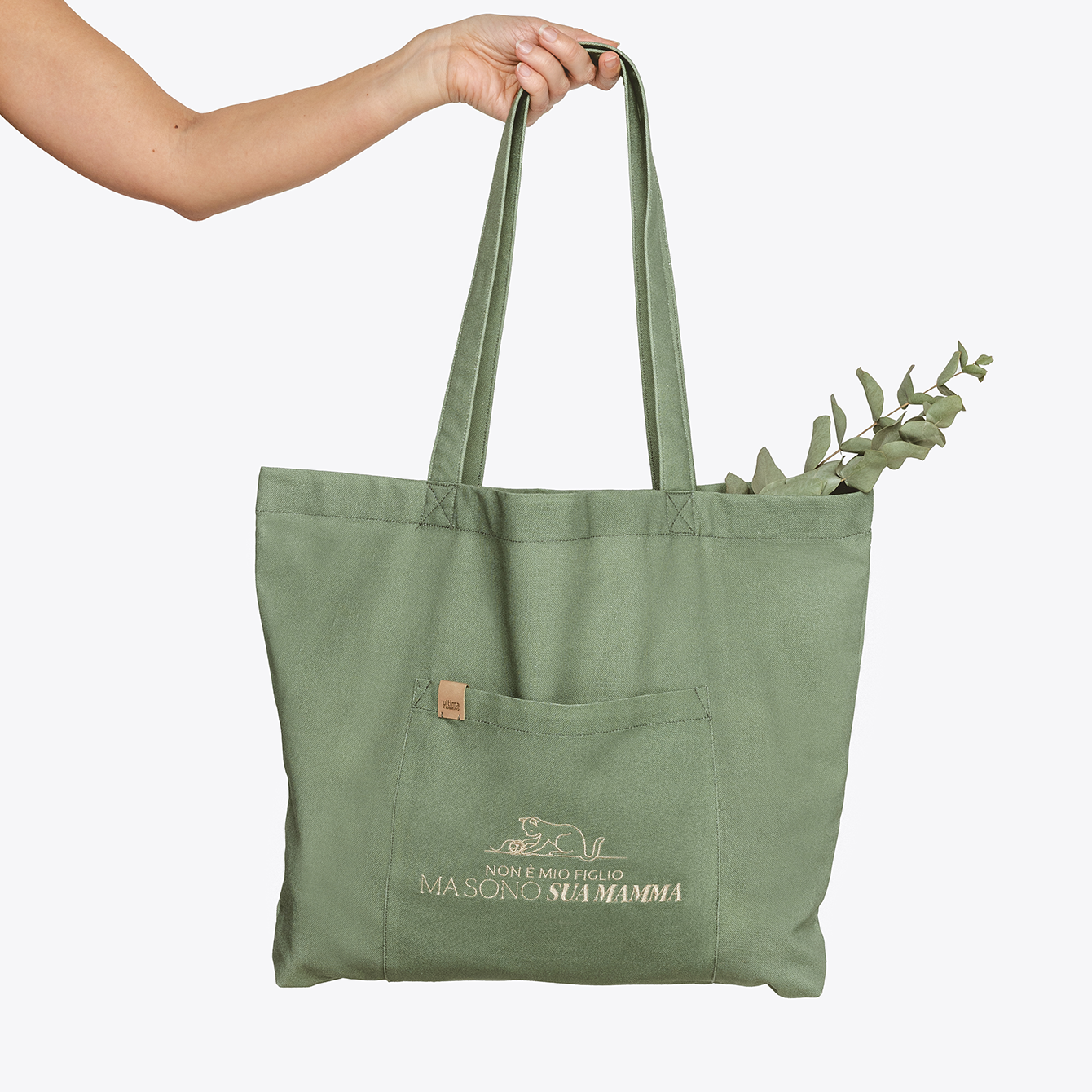 Borsa “Non è mio figlio, ma sono sua madre” con dettaglio gatto